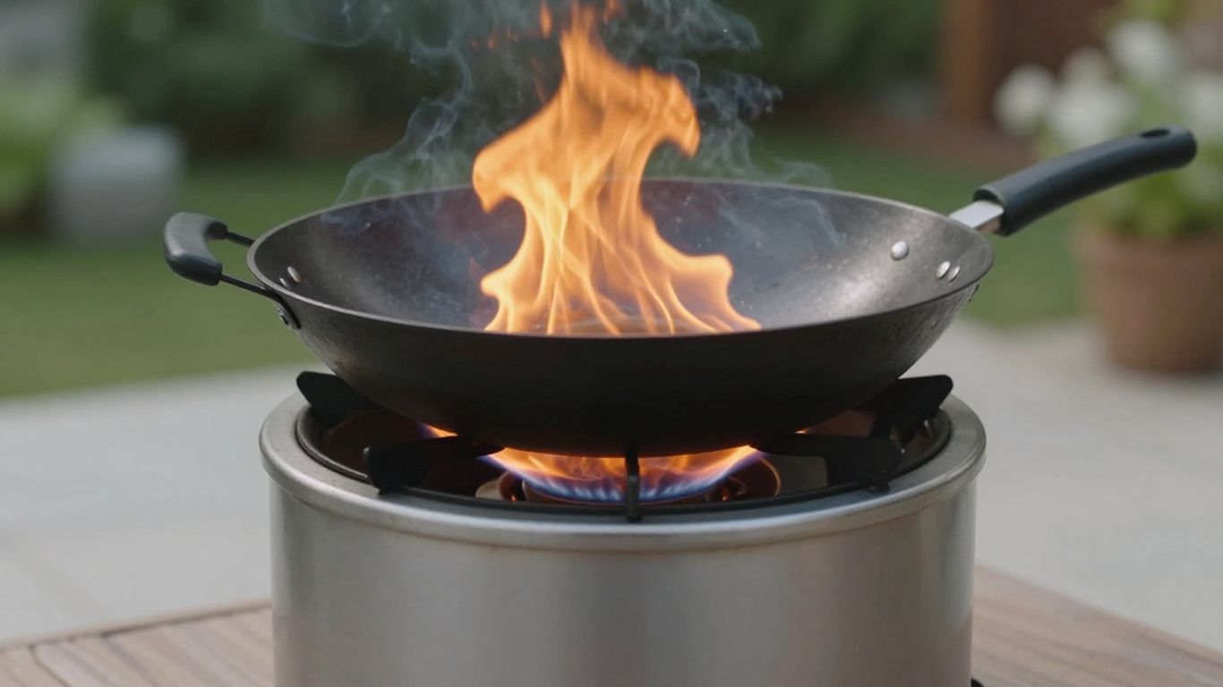 Powerflamer outdoor wok burner with flames.