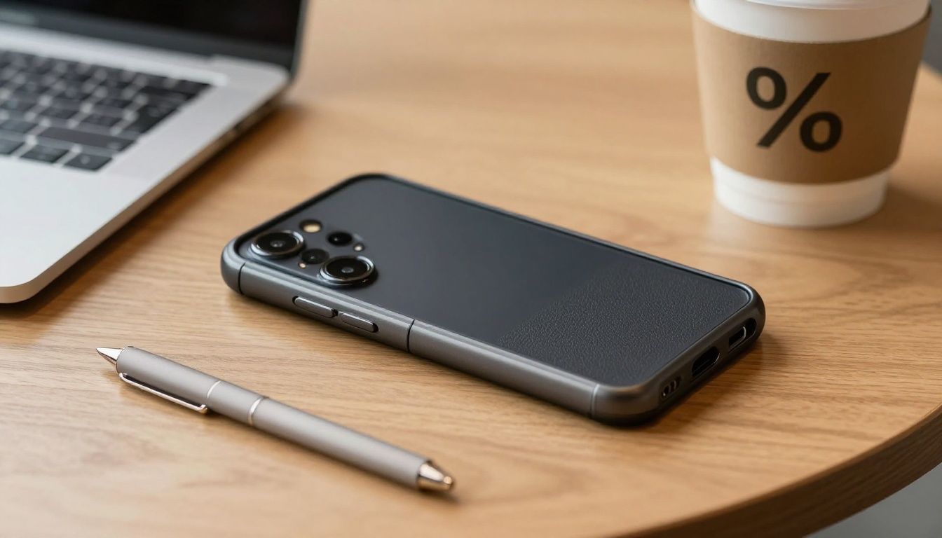 A Galaxy S26 Ultra in a sturdy-looking case resting on a cafe table next to a coffee, suggesting everyday use and protection.