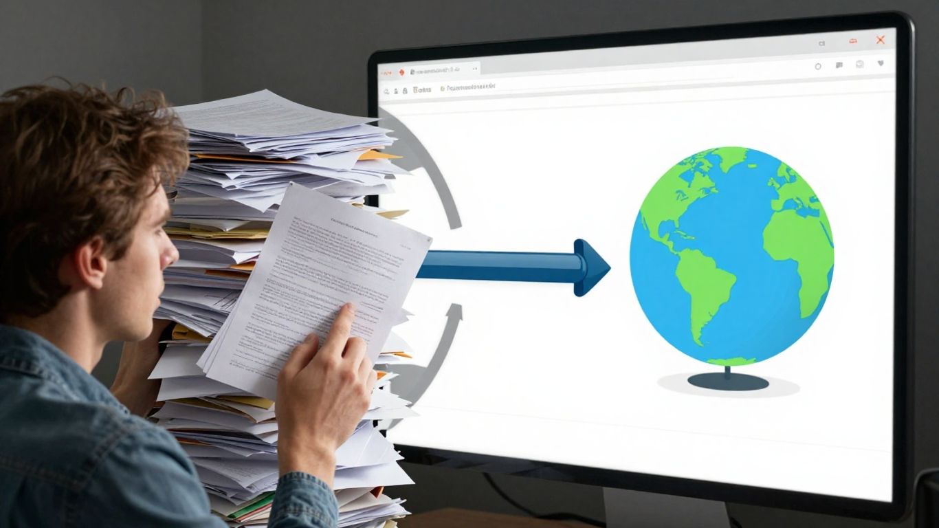 Frustrated person with papers vs. organized digital data.