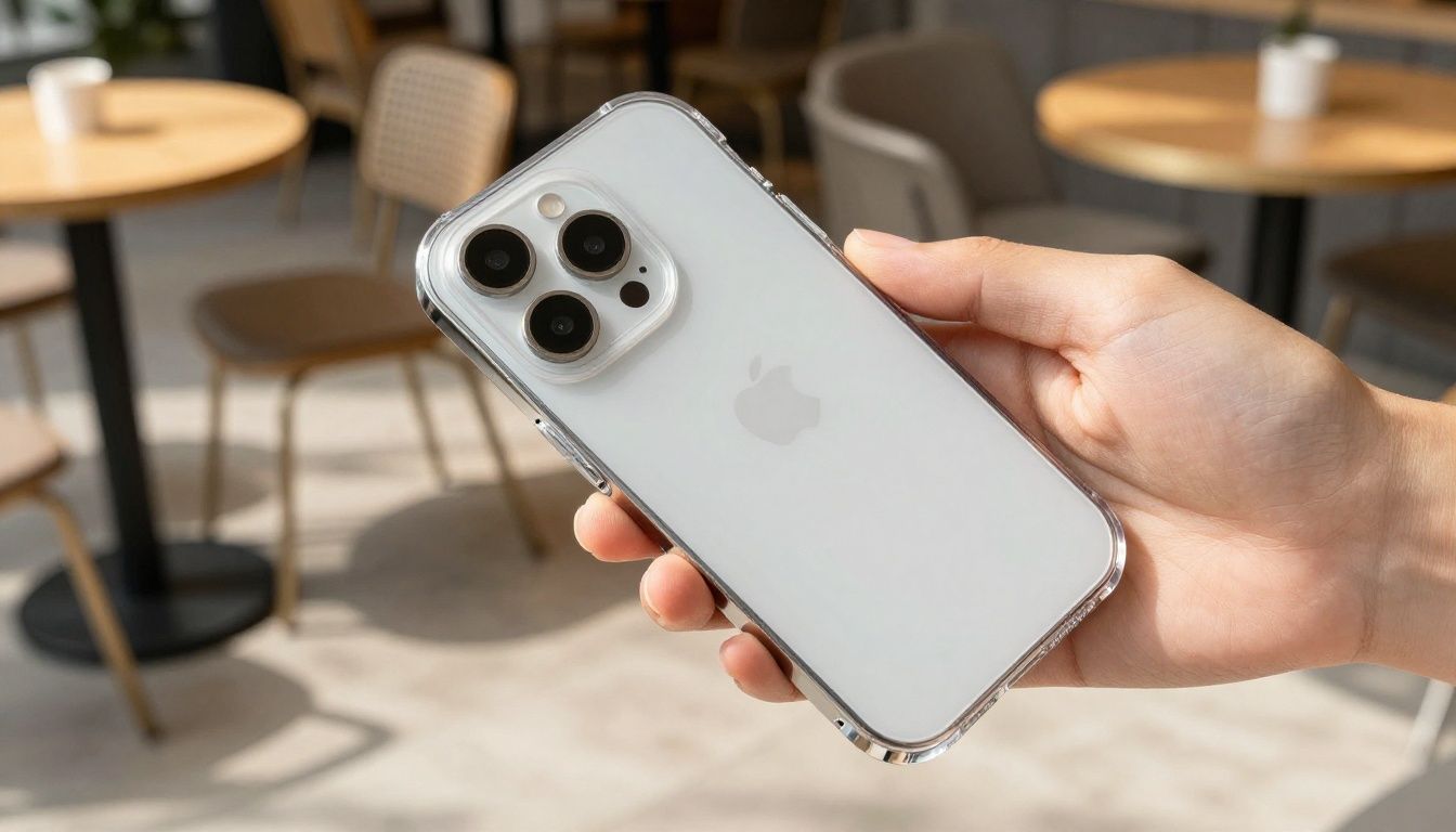 A person carefully putting a new, sleek iPhone 17 Pro into a clear protective case, with a sunlit cafe in the background.
