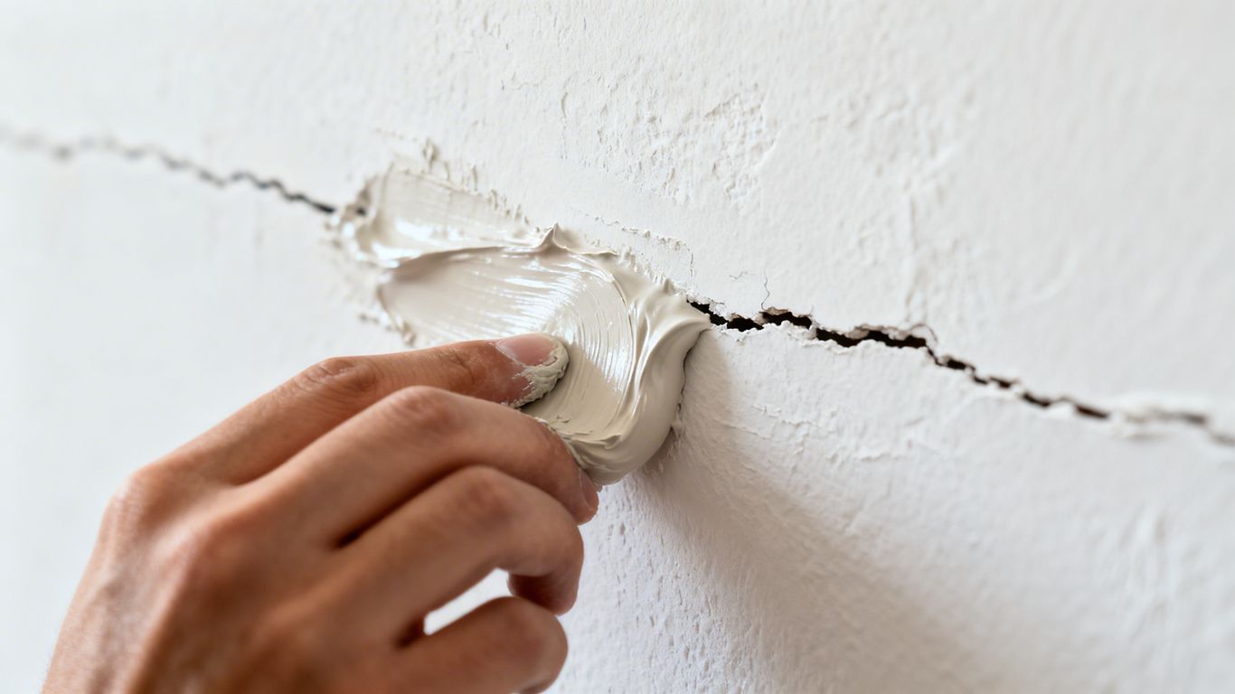 Hand repairing a drywall crack with spackle.