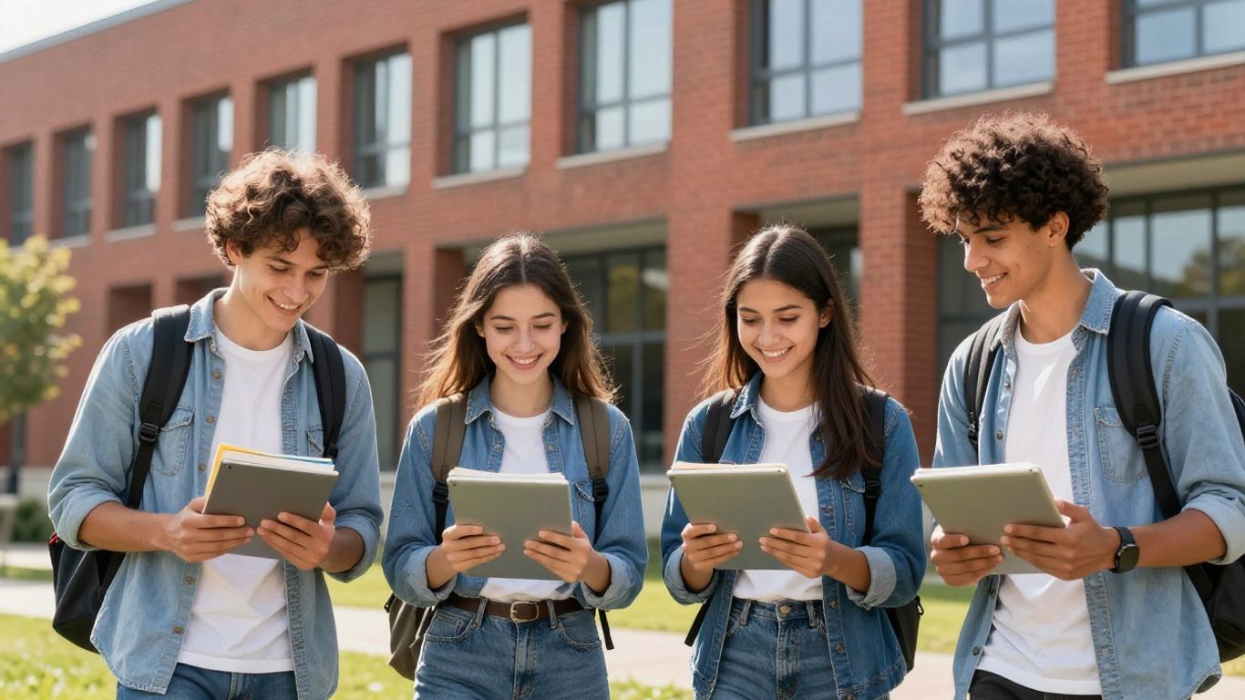 A diverse group of students standing in front of a modern international university building