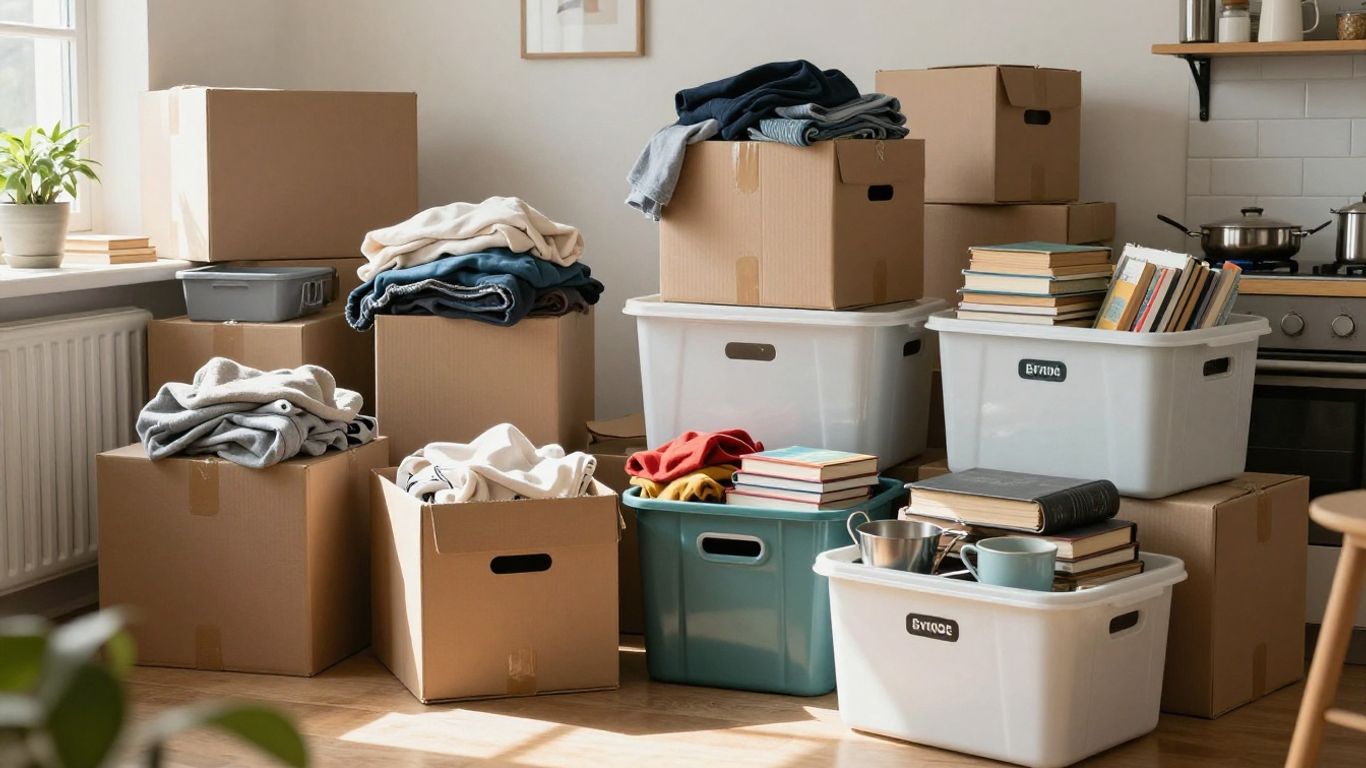 Organized boxes for moving, packed with home items.