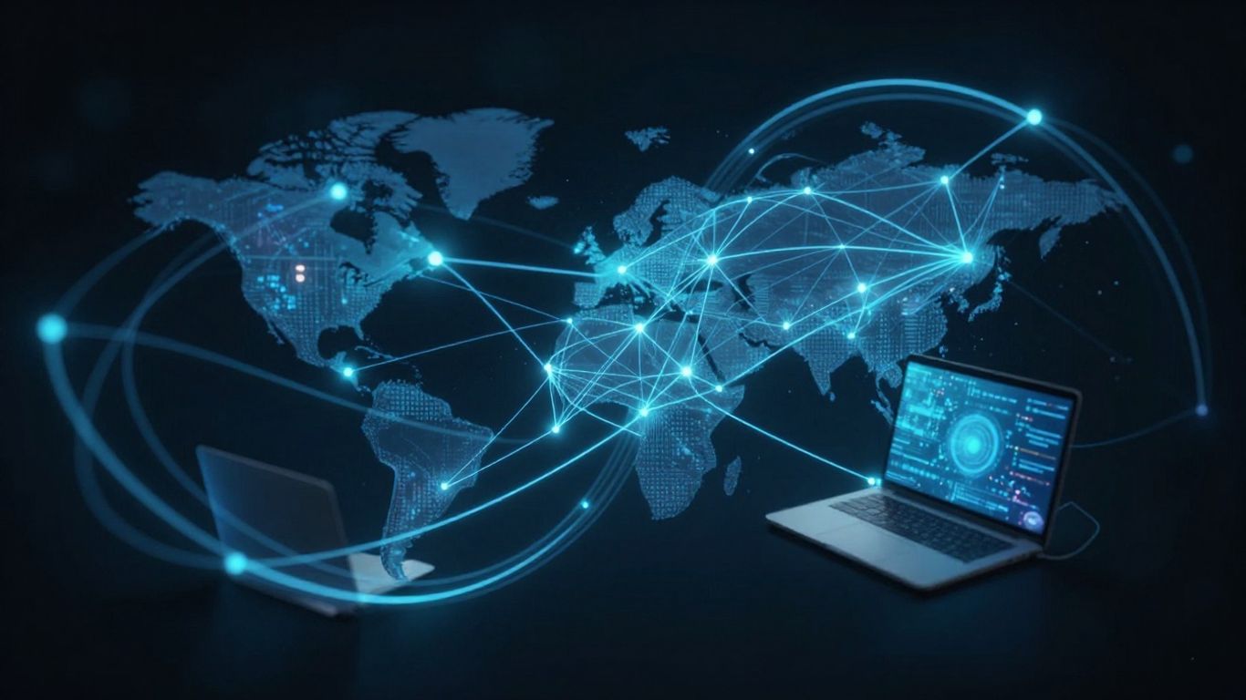 Digital devices and glowing network lines symbolizing communication technology.