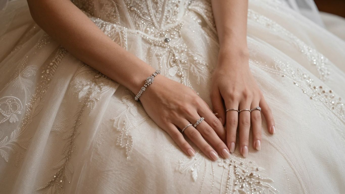 Bride's hands with wedding jewelry on gown