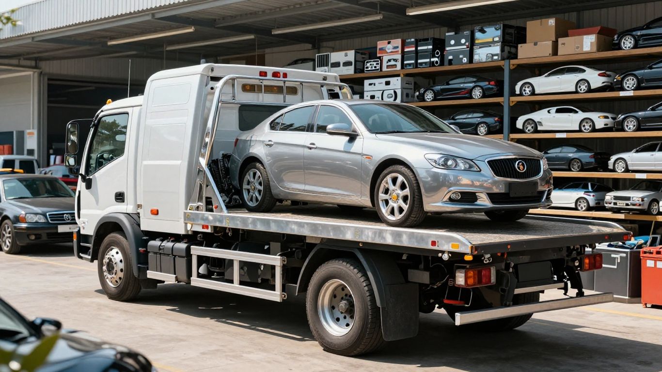 Tow truck carrying a car at Primo Car Removal.