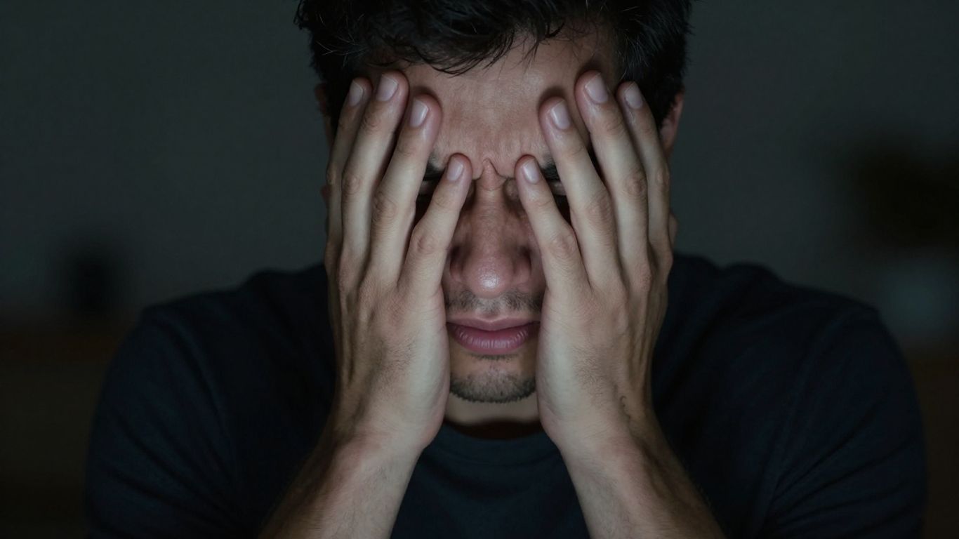 Gespannen schouders en gefronst voorhoofd tonen stress.