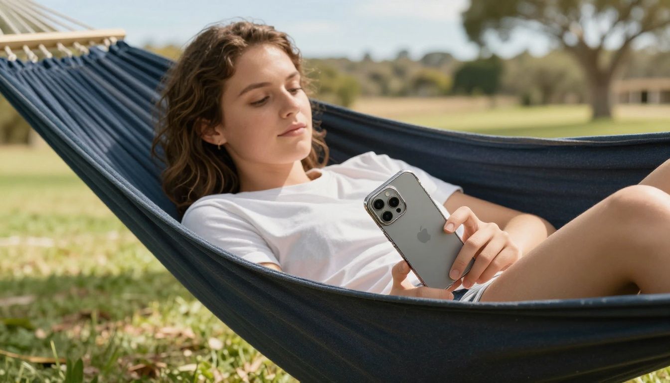 A person relaxing in a hammock in a sunny Australian backyard, using their iPhone 15 Plus which is protected by a case.
