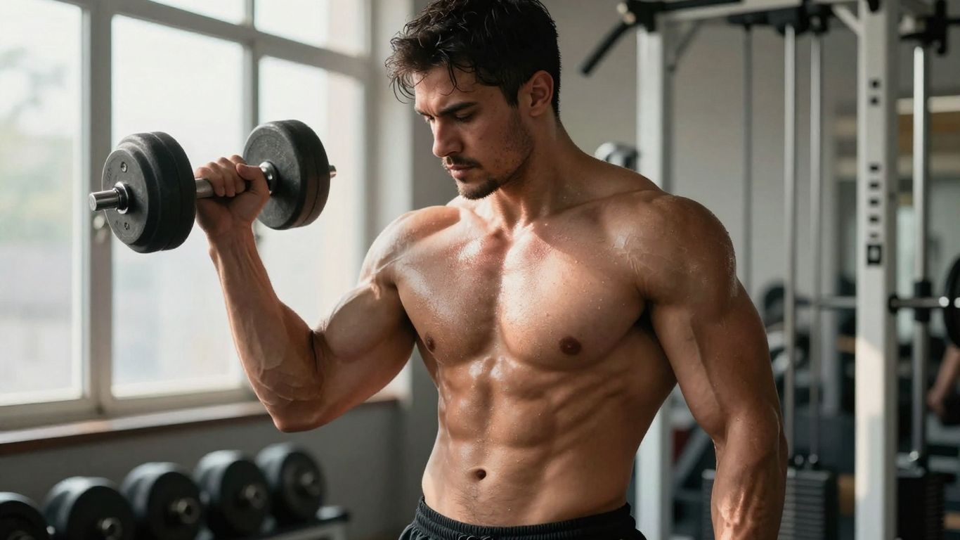 Muscular man flexing in a gym with dumbbells.