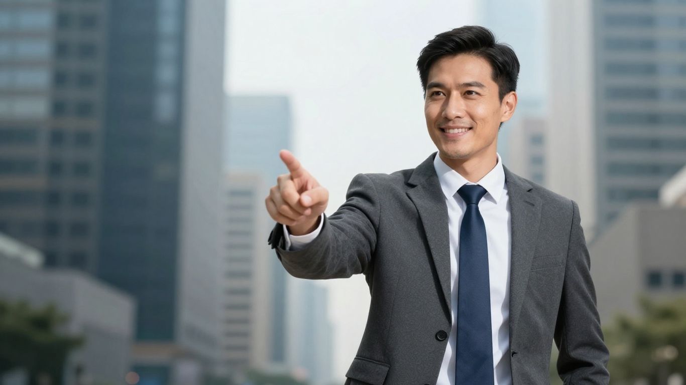 Professional pointing forward with cityscape background