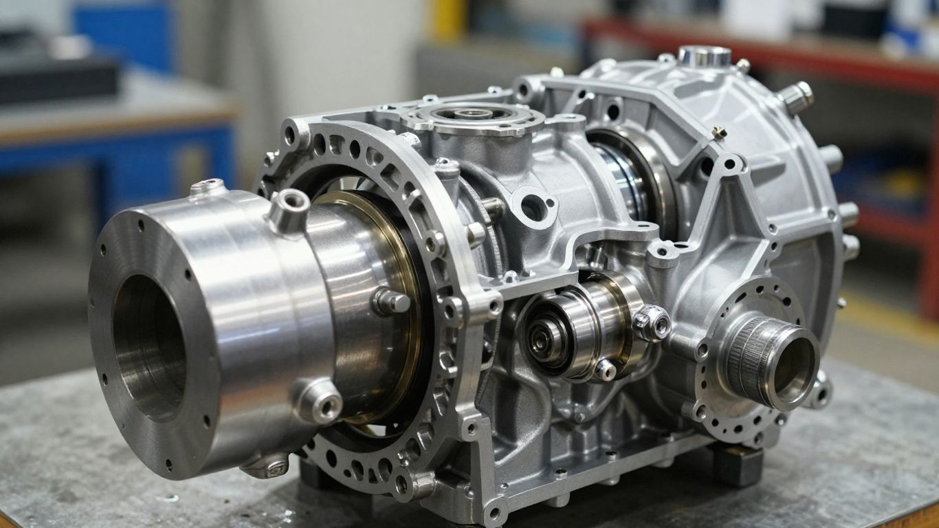 European car gearbox, clean and intact, workshop setting.
