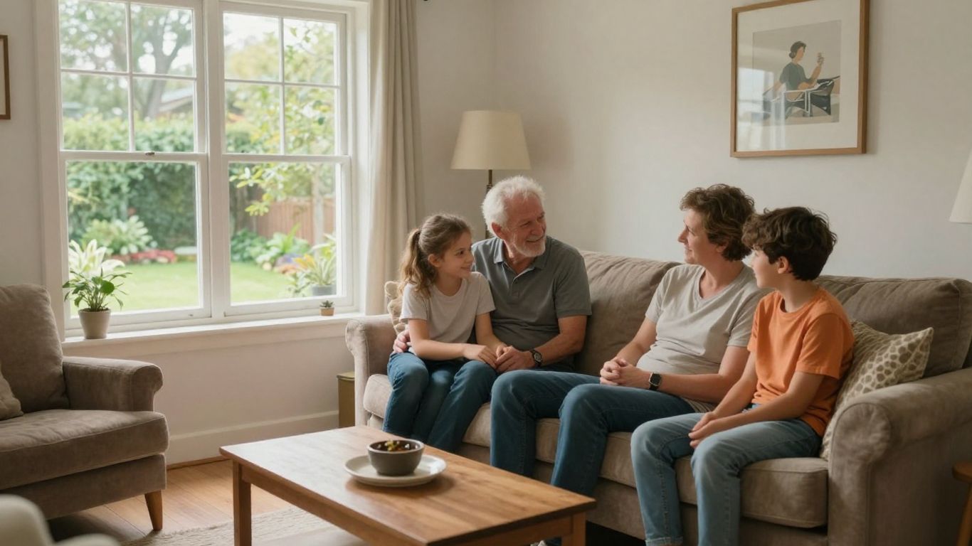 Familia feliz en una casa moderna y luminosa.