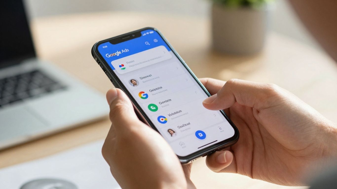 Hands holding smartphone with Google Ads interface.