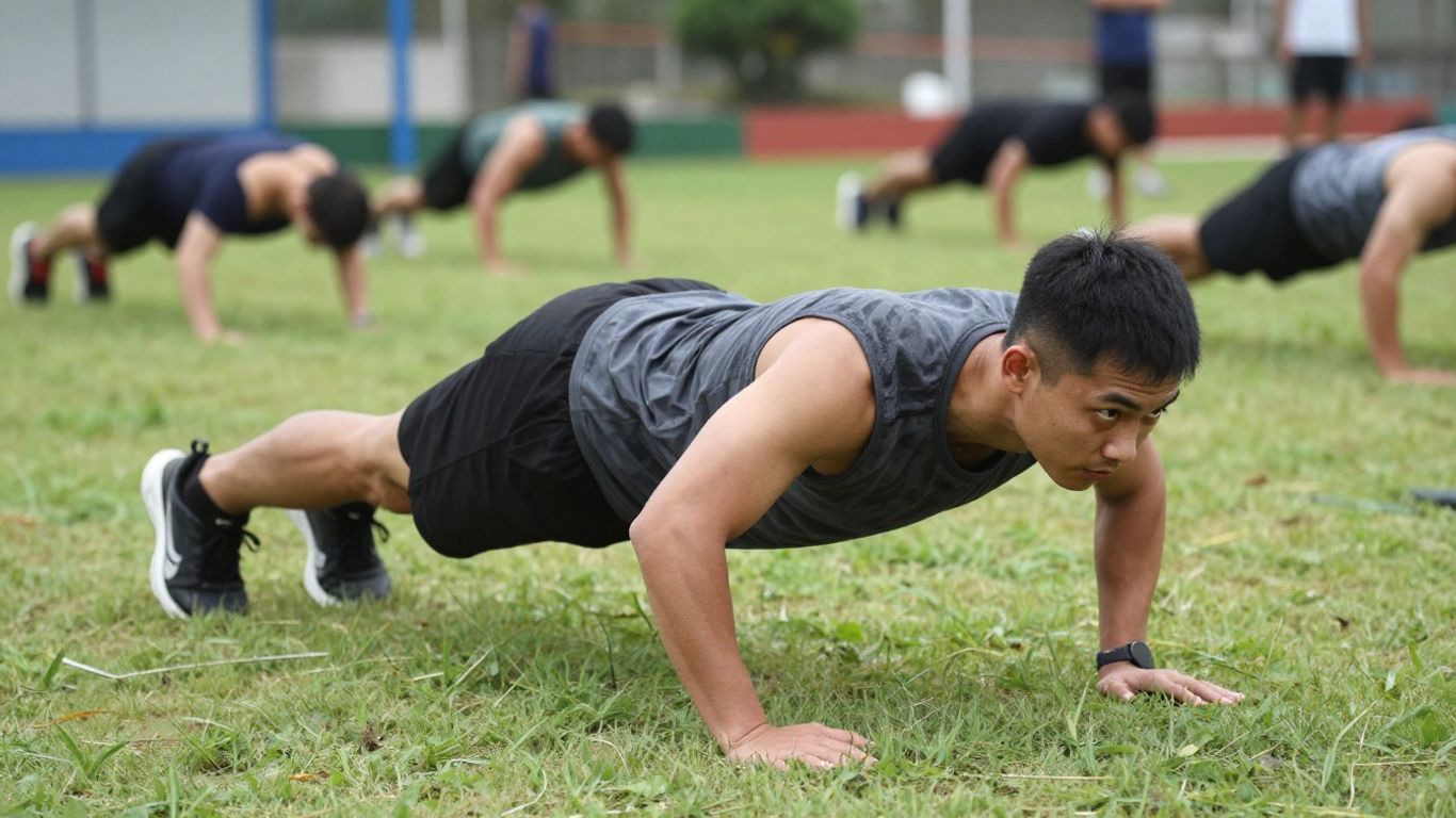 Person doing military push-up on grassy training field