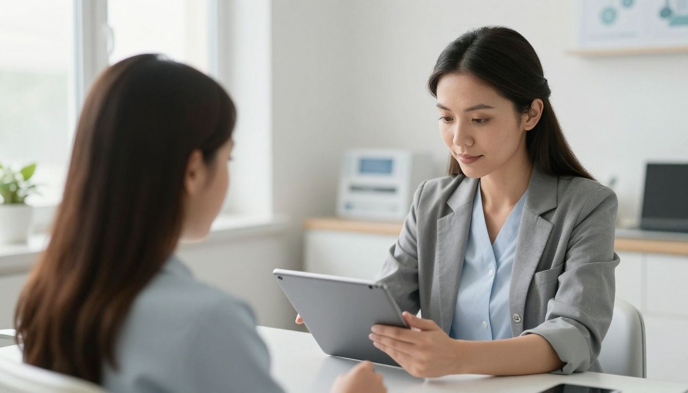 A dentist reviewing patient testimonials on a tablet in her office