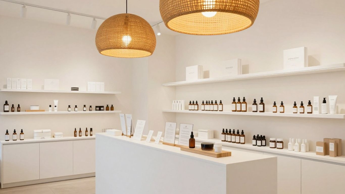 A vibrant, modern wellness boutique interior with sunlight.