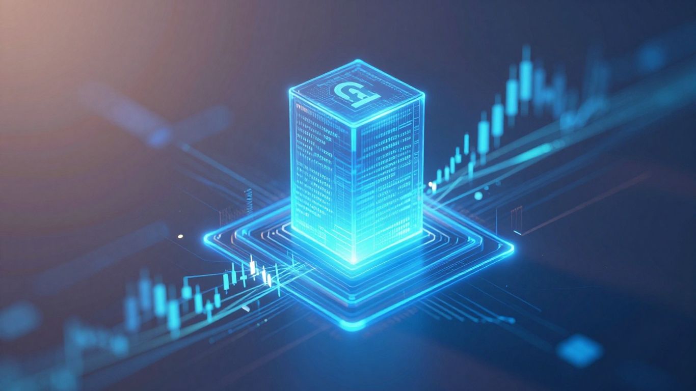 Digital ledger with glowing blocks and data streams.
