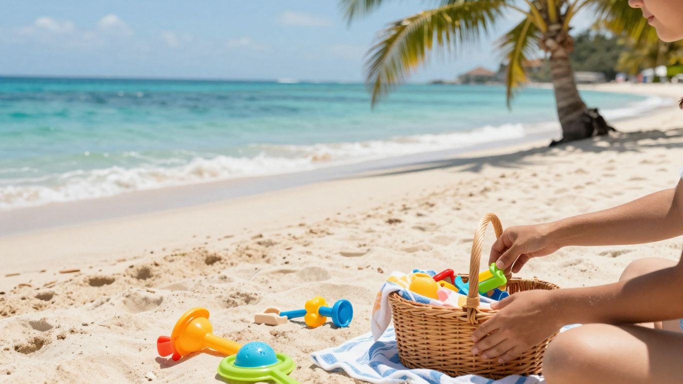 Strand mit Spielzeug und Picknickkorb im Juli