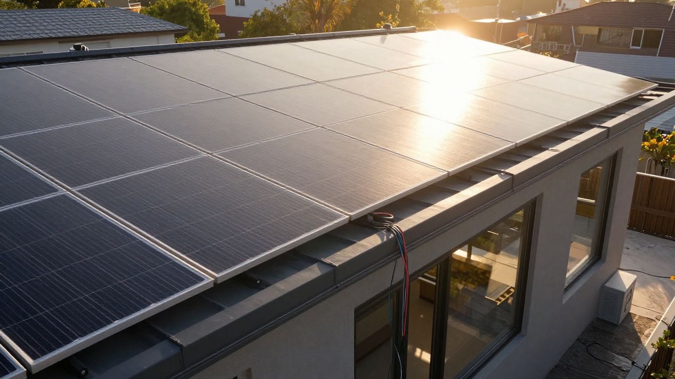 Panneaux solaires sur un toit, énergie vers une maison.