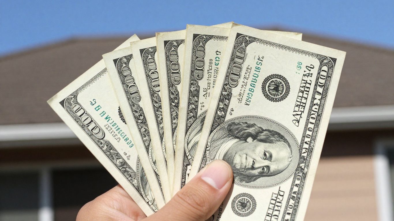 Hand holding money with house roof background.