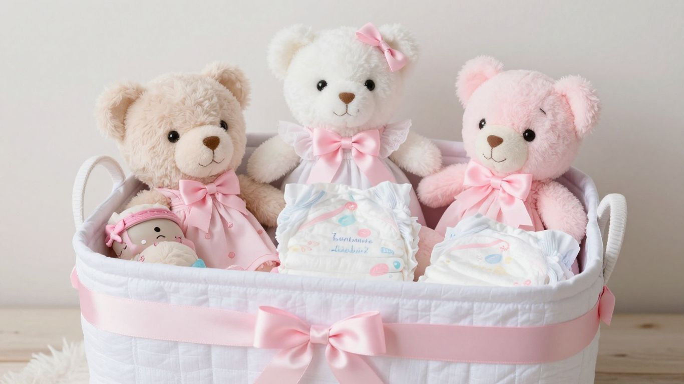 Cesta de pañales para niña con juguetes y ropa.