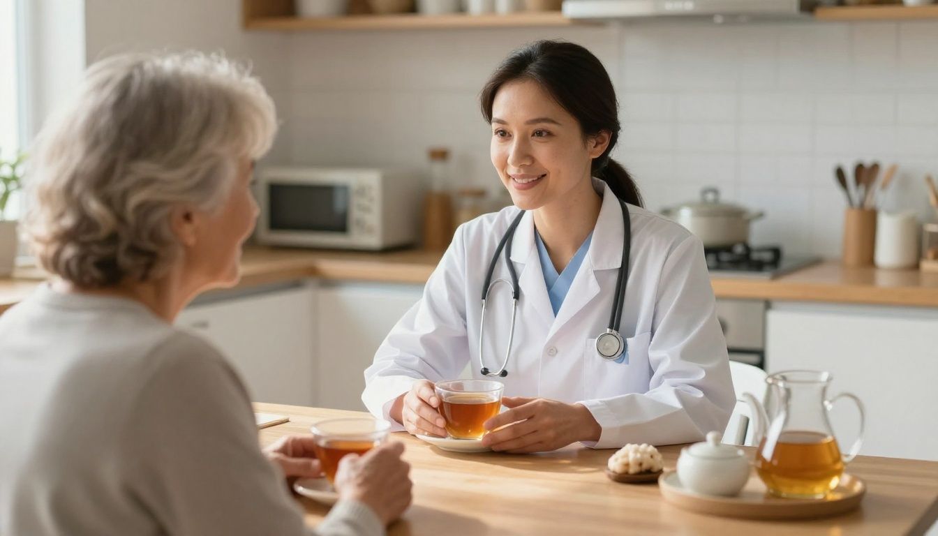 A compassionate home care aide sits with an older woman at her kitchen table, sharing a warm conversation over a cup of tea, with soft morning light filling the room.