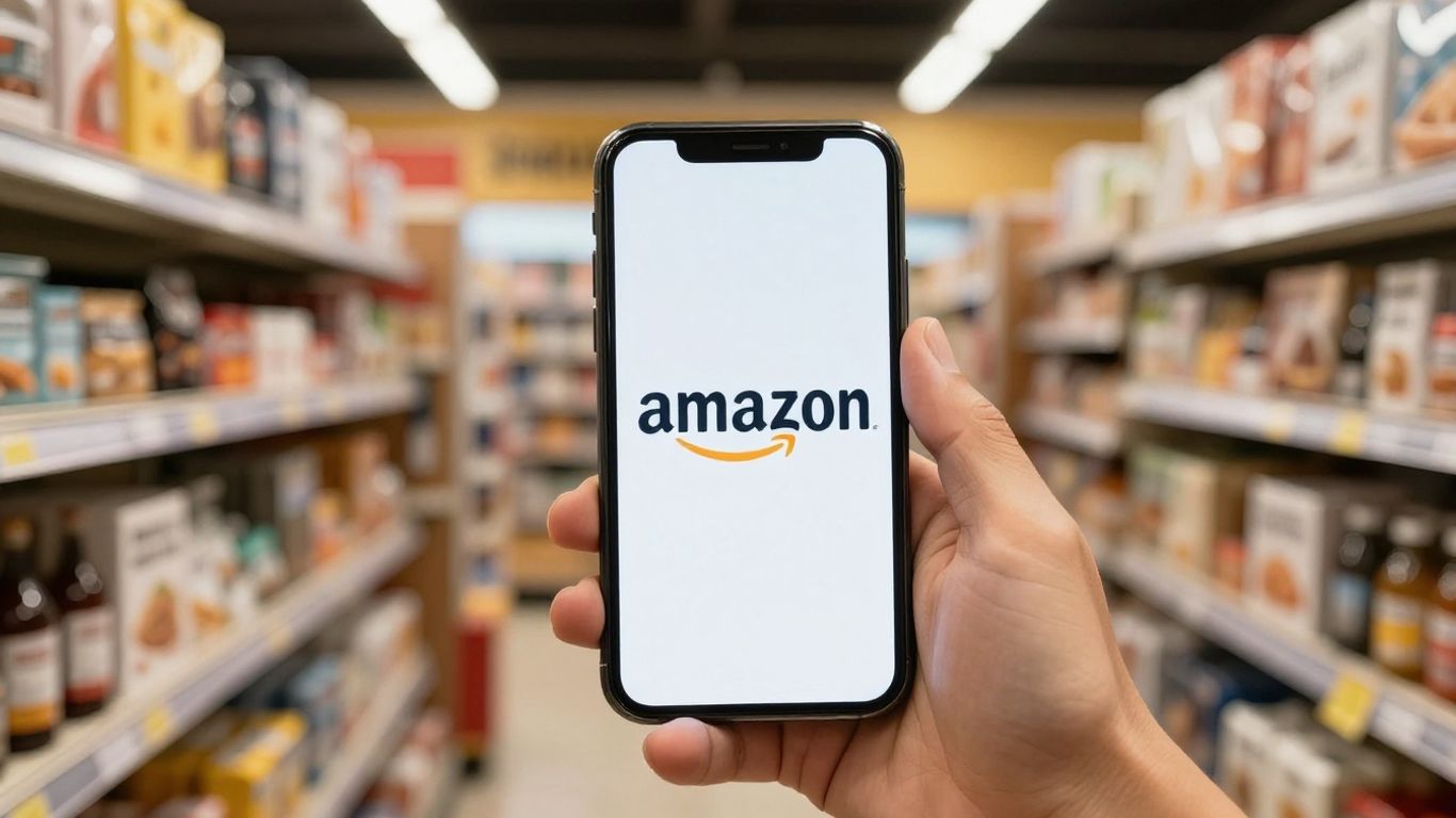Amazon logo on a smartphone screen, online marketplace background.