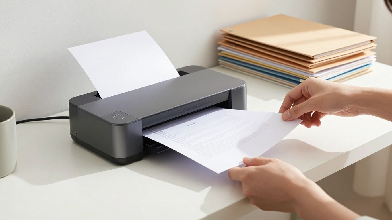 Home office scanner organizing documents digitally.
