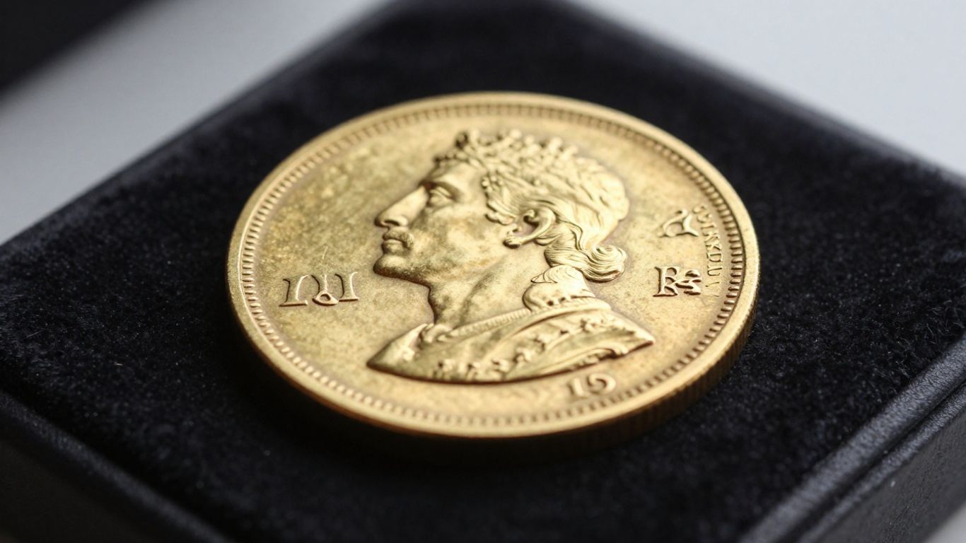 Close-up of a valuable, engraved gold coin on velvet.