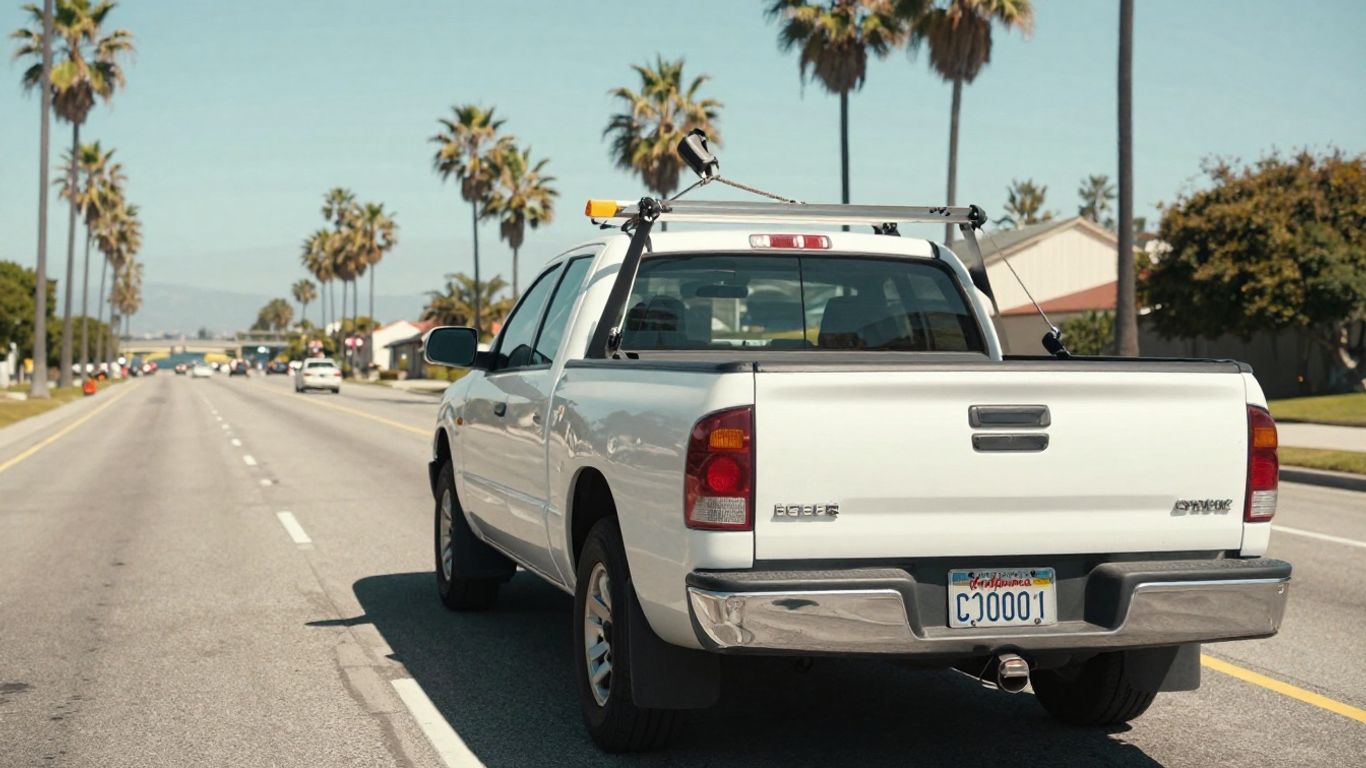 California tow truck lifting a car on a highway.