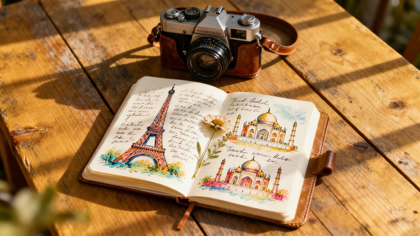 Travel journal with sketches, camera, and flower.