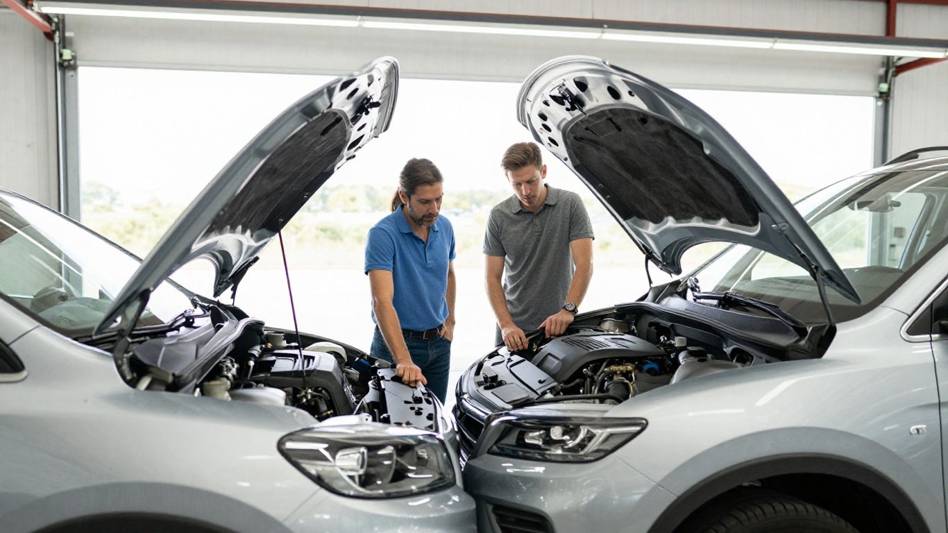 Zwei Männer begutachten einen gebrauchten SUV