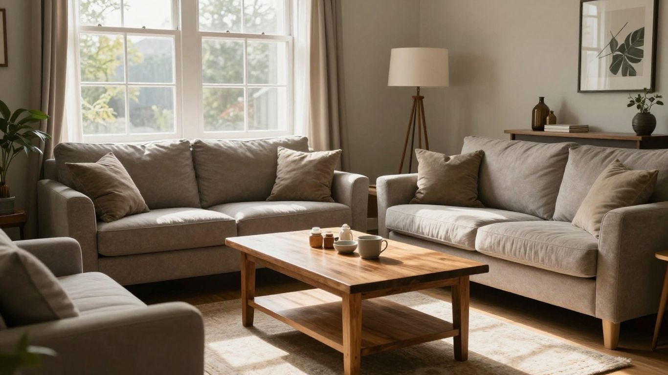 Durable furniture in a sunlit Airbnb living room.