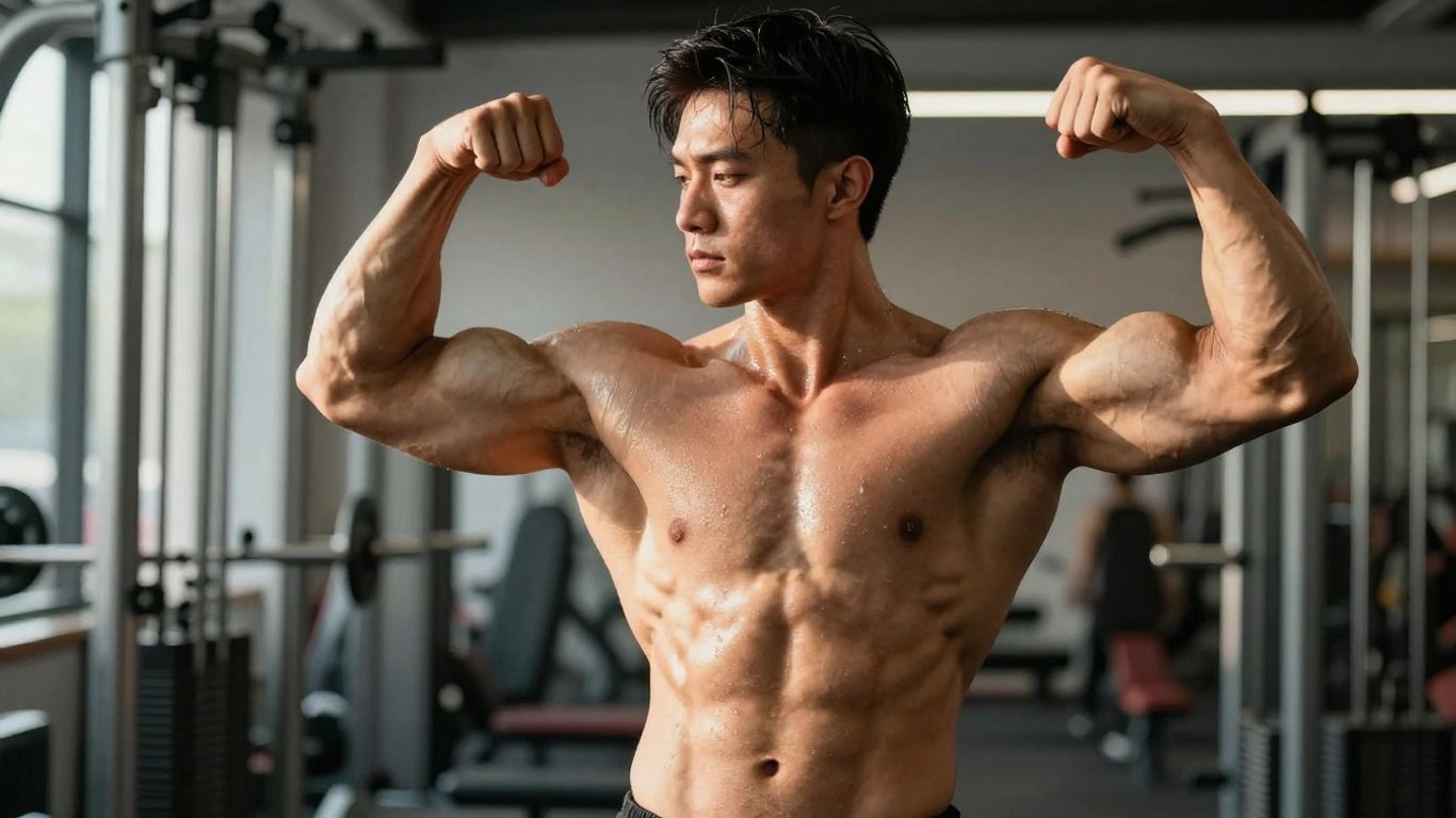 Muscular bodybuilder flexing in a gym.