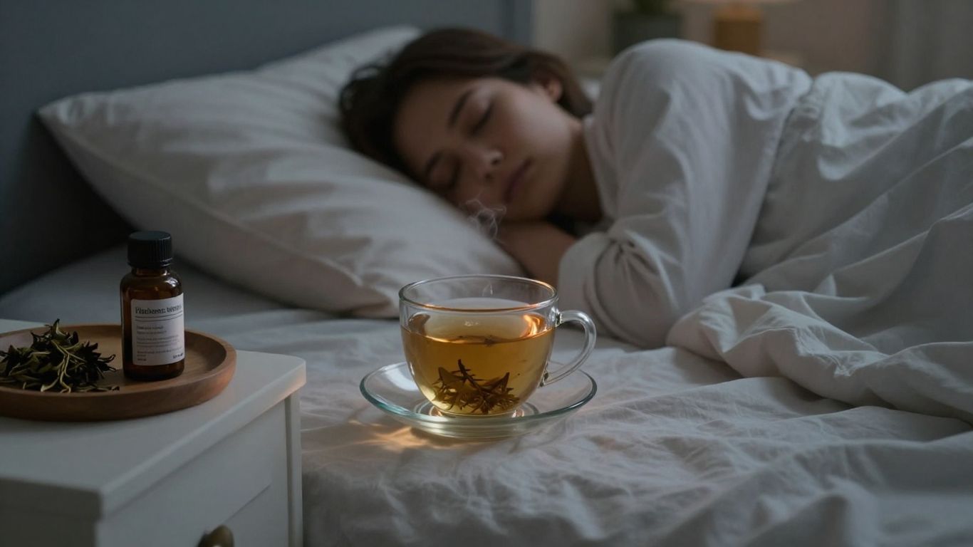 Pessoa relaxando na cama com chá e remédio para dormir.