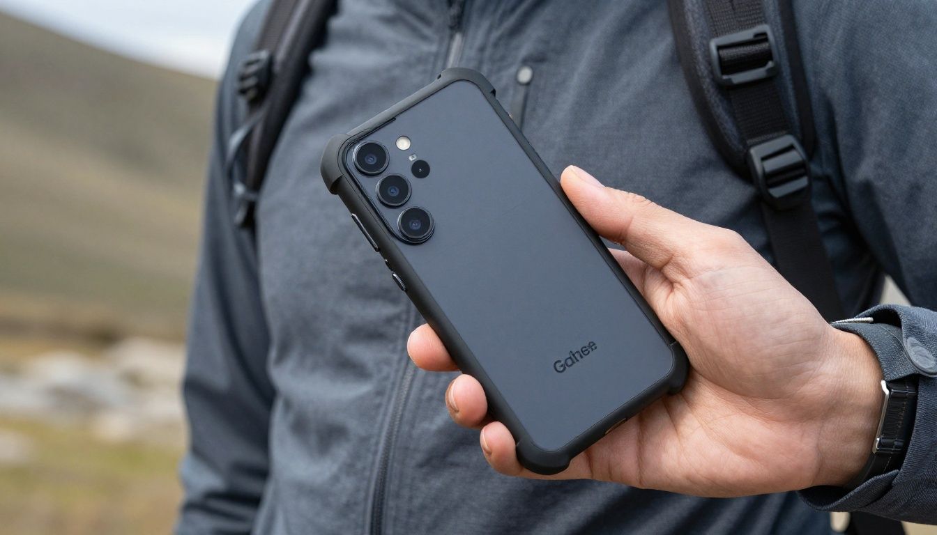 A person hiking in the Blue Mountains, checking their Galaxy S25 Edge which is protected by a sturdy, dark-coloured heavy-duty case.