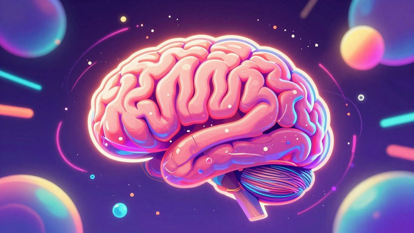 Futuristic brain with glowing digital particles, illustrative style.