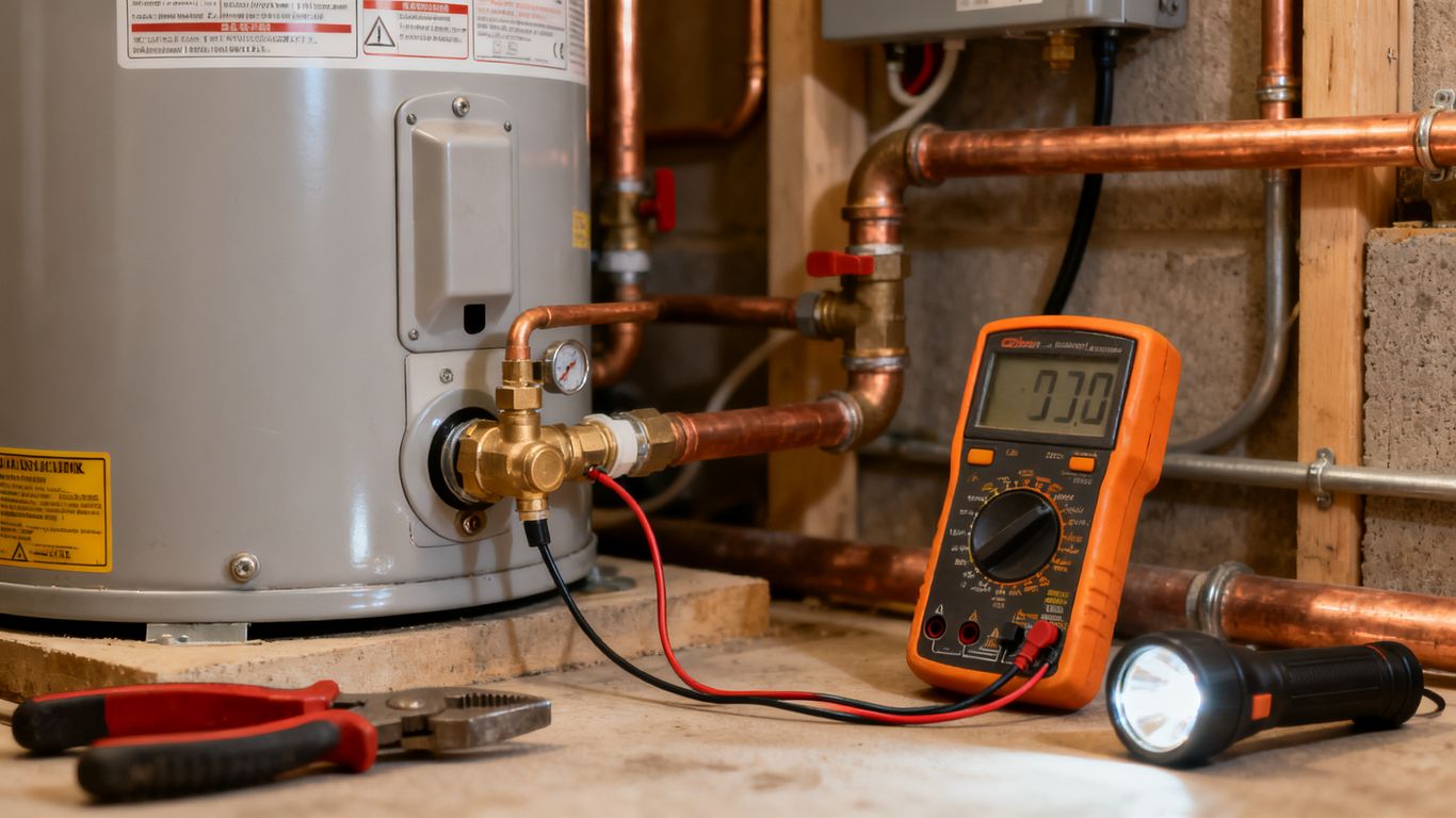 Water heater diagnosis beside plumbing tools