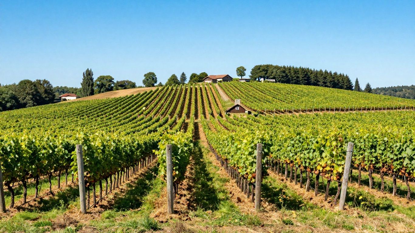 Vineyard landscape in Prince Edward County with rolling hills.