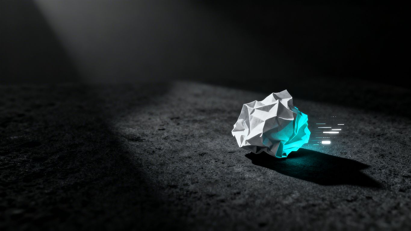 Crumpled paper transforming into digital light.