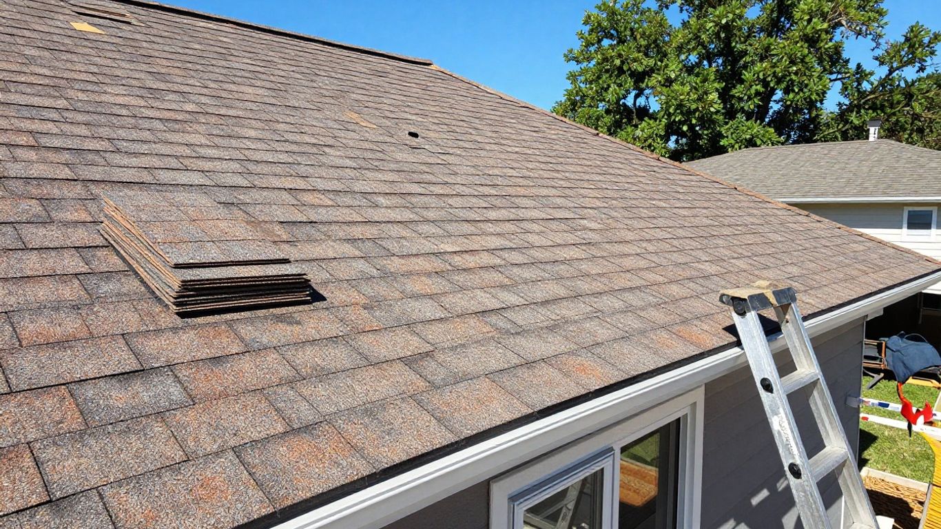 New roof installation with shingles and ladder.