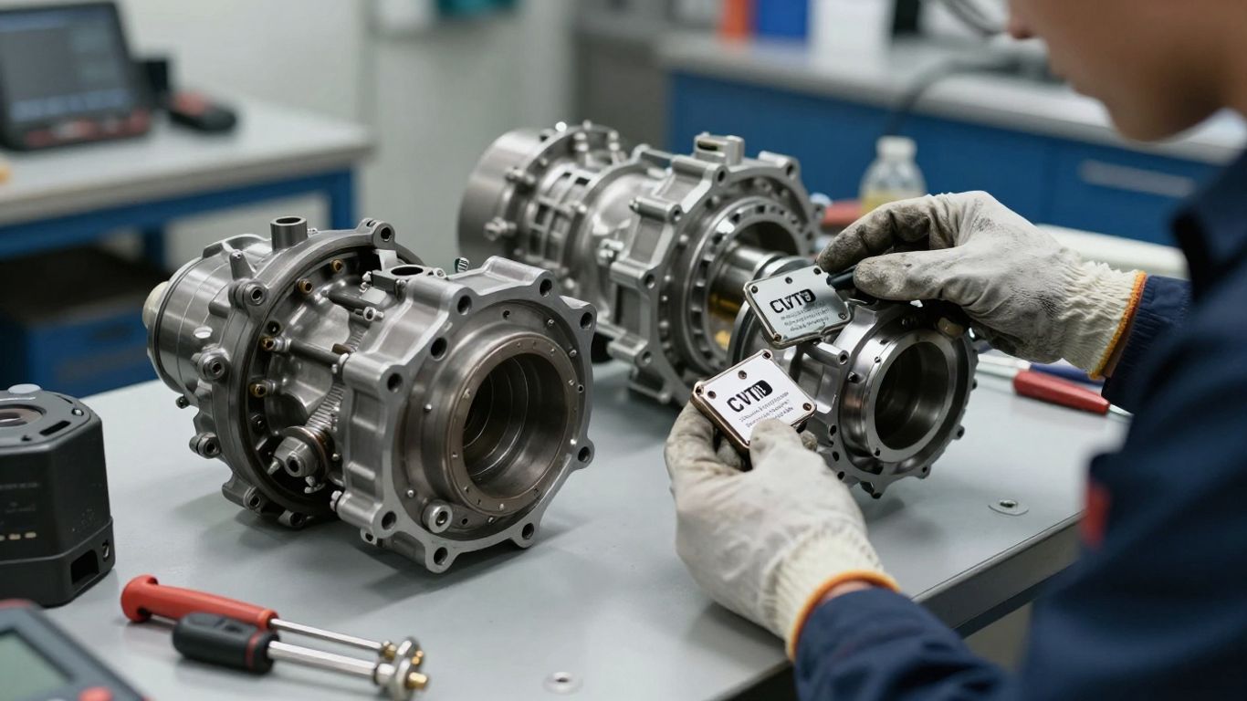 Mechanic comparing CVT gearbox identification numbers