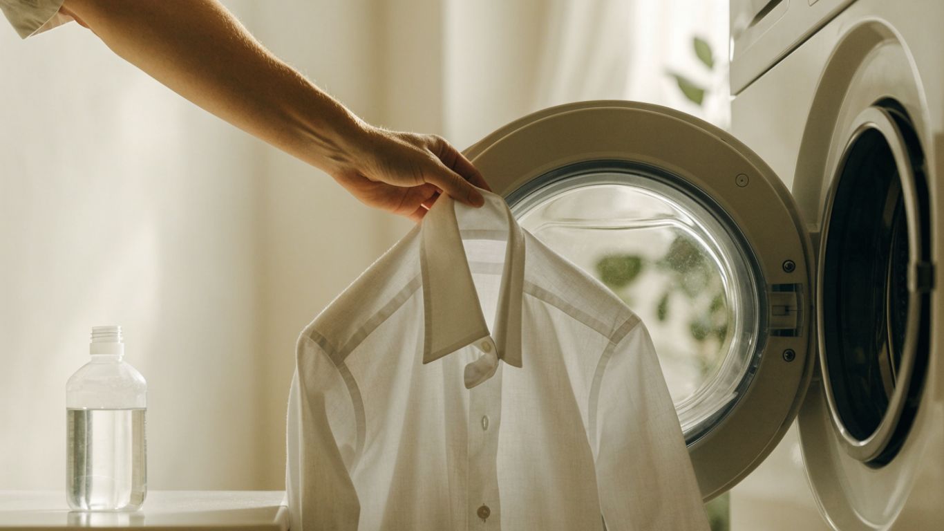 White shirt being washed with gentle laundry care