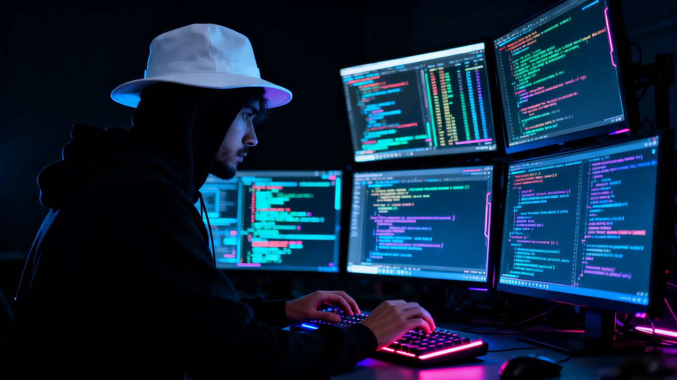 White hat hacker working on a computer.