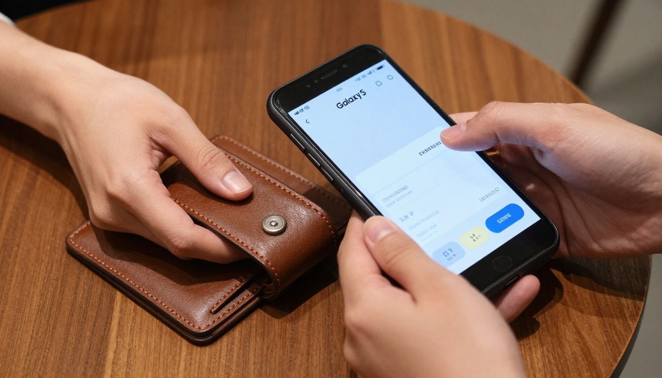A person in a cafe paying for coffee by tapping their Galaxy S25 in a leather wallet case on the payment terminal.