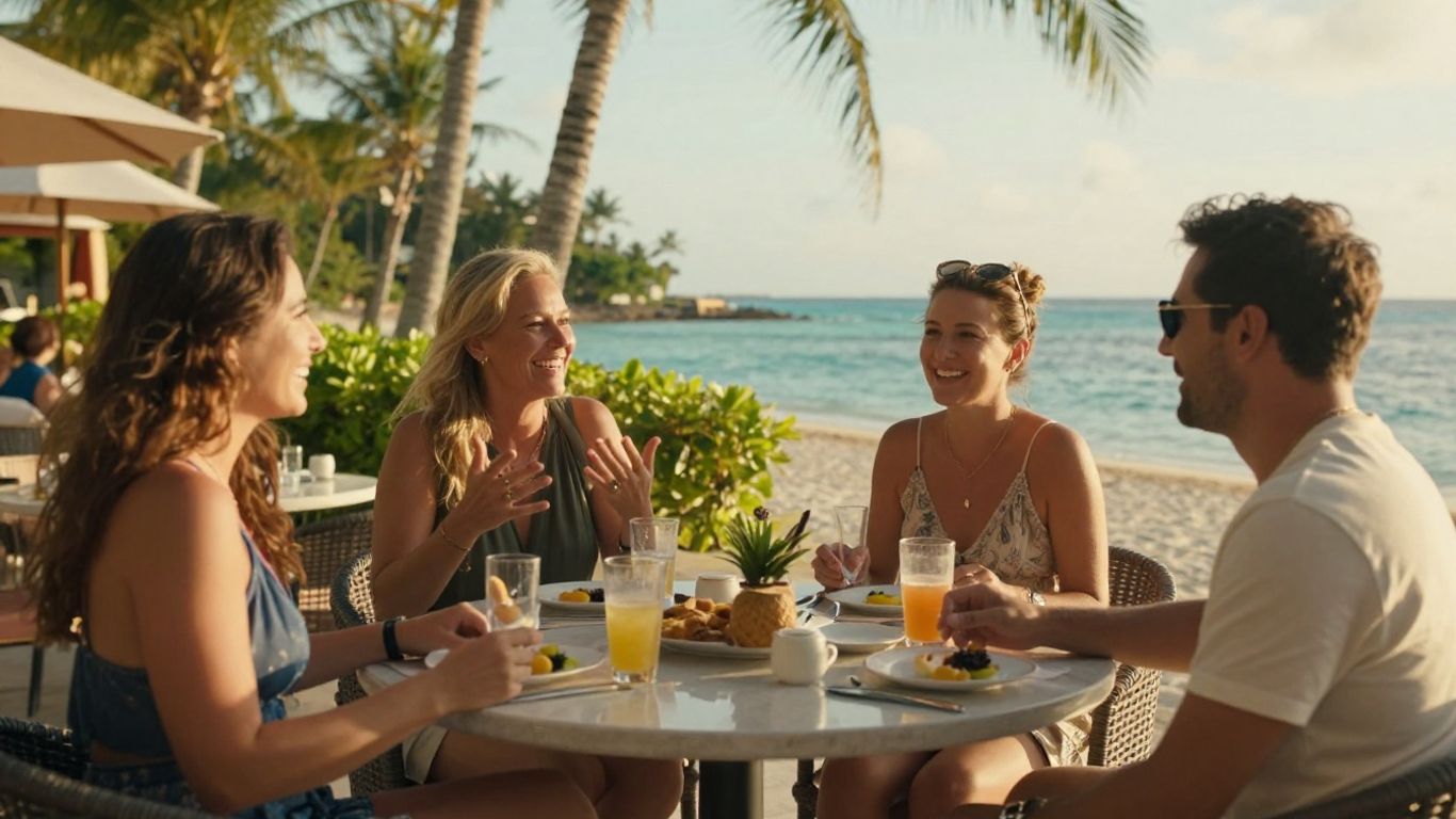 The Vacation Friends ensemble sharing a lively resort moment
