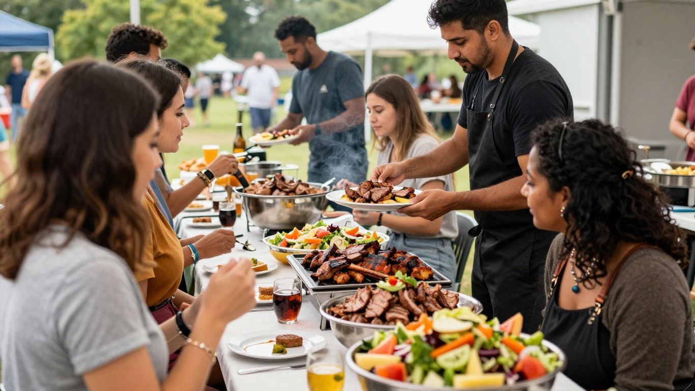 Barbecue catering for a large gathering with guests enjoying food.