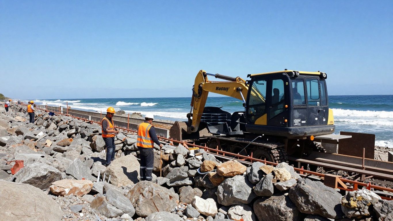 Workers building coastal seawall with heavy machinery