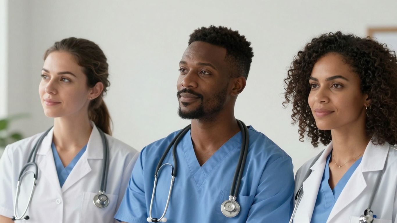 Diverse group of medical professionals in a clinic setting.