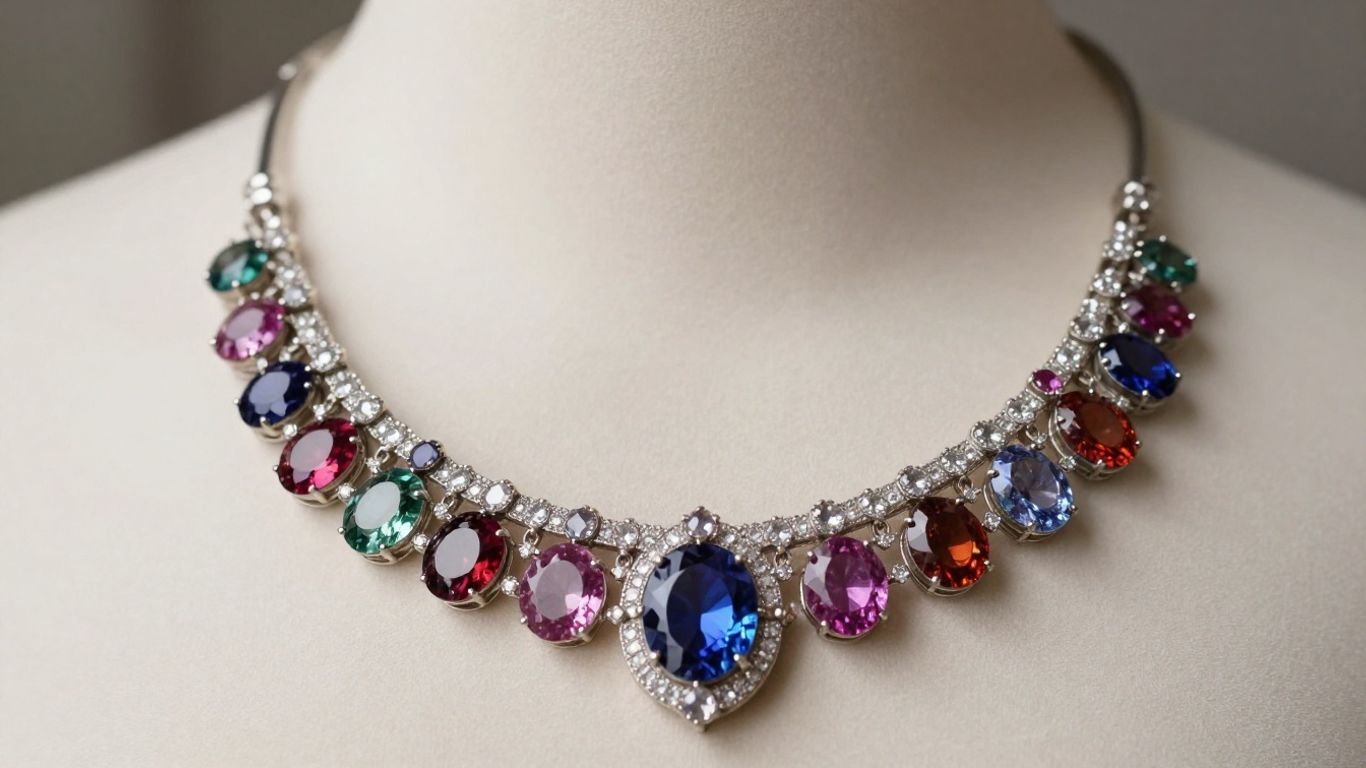 Bridal necklace set with vibrant colored gemstones.